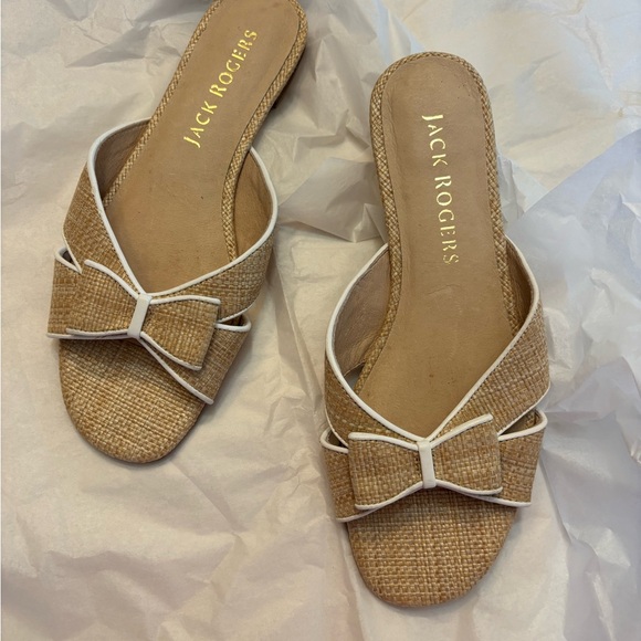 Jack Rogers Shoes - Jack Rogers Raffia Bow Tan and White Bow Mules, size 8